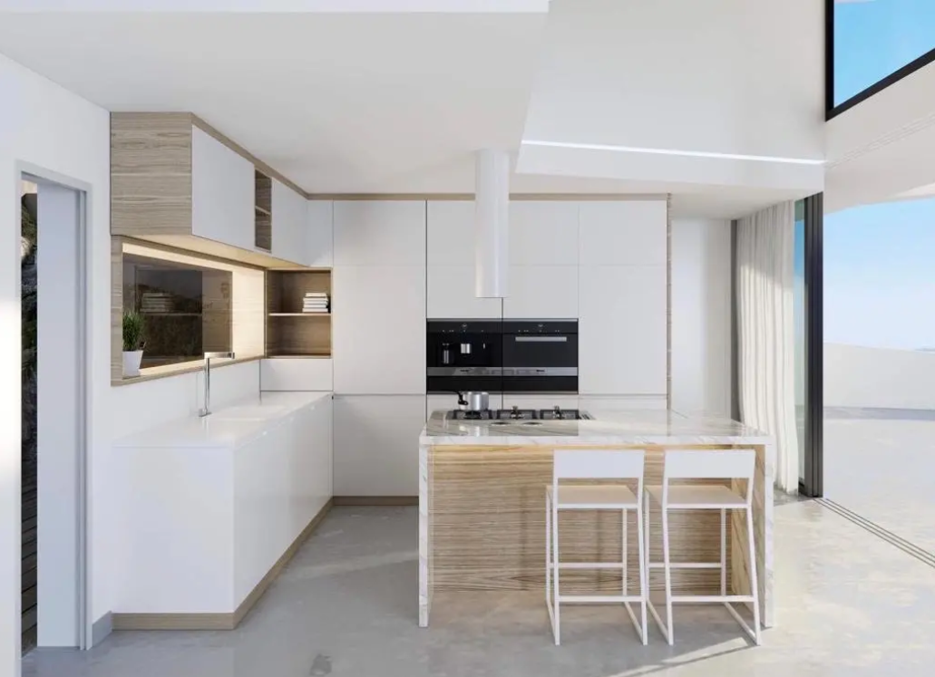 Cocina de diseño minimalista con isla de mármol, campana cilíndrica y electrodomésticos integrados, combinando frentes blancos con detalles en madera de roble.