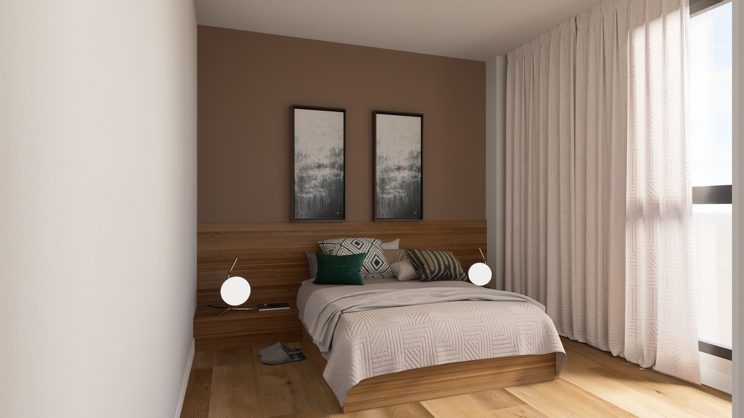 Dormitorio con cabecero de madera integrado, pared de acento en tono tierra y grandes ventanales con cortinas traslúcidas. Suelo de tarima natural y lámparas de diseño esférico.
