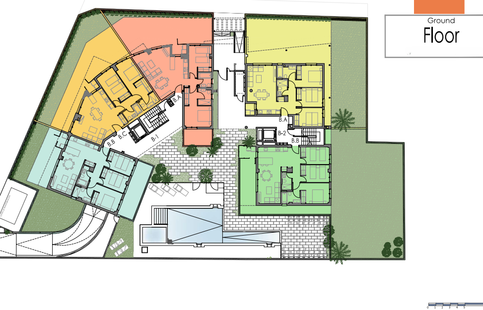Plano arquitectónico de la planta baja que detalla la distribución de las viviendas, jardines privados y la zona comunitaria con piscina y solárium.