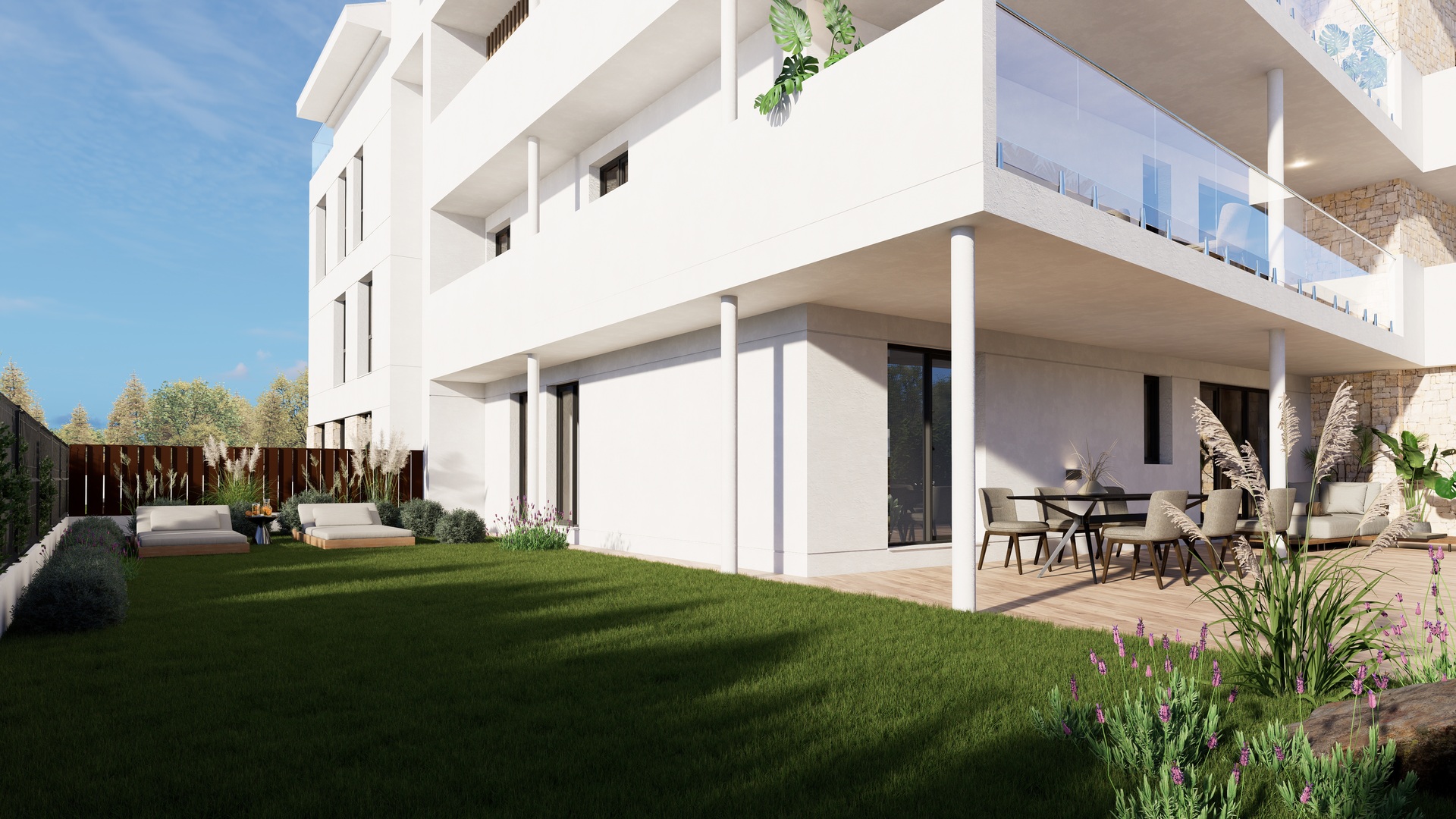 Planta baja con jardín privado, porche cubierto con zona de comedor y fachada blanca de diseño contemporáneo con detalles en piedra.
