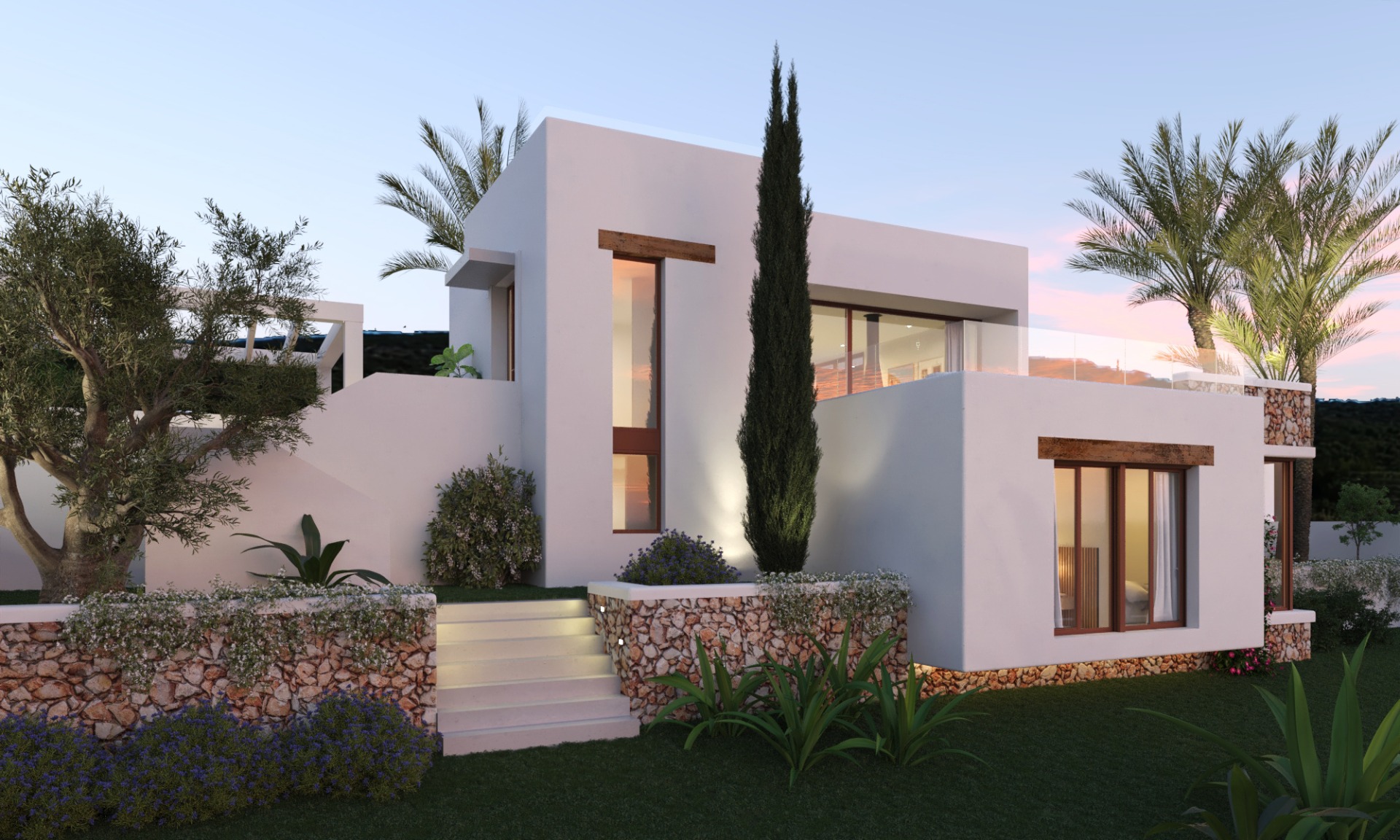 Exterior de villa moderna con fachada blanca, muros de piedra seca y dinteles de madera. El jardín mediterráneo cuenta con olivos, cipreses e iluminación integrada en la escalera.