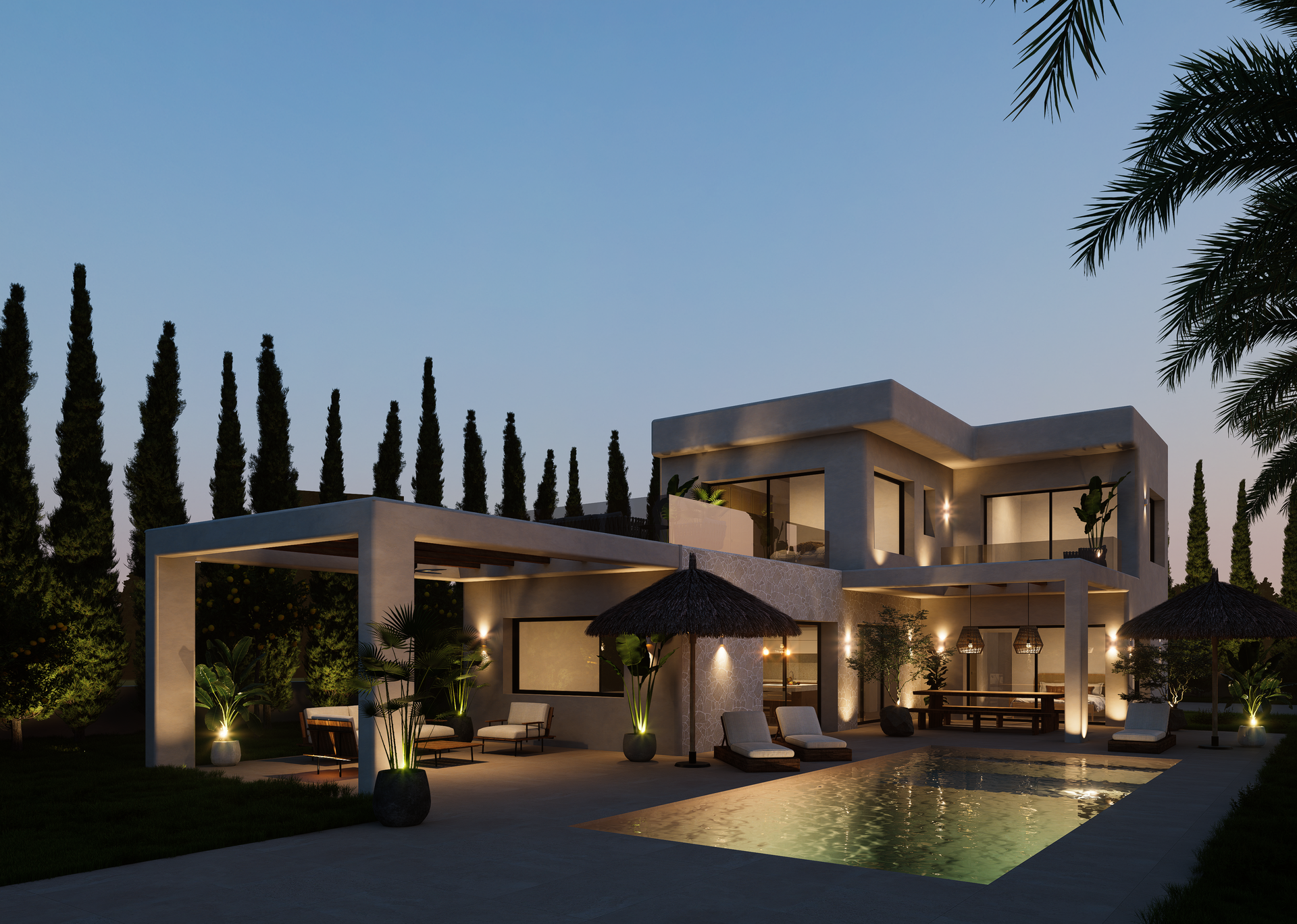 Renderizado de la villa al atardecer con piscina iluminada, terrazas cubiertas, zona de estar exterior y jardín mediterráneo con cipreses y palmeras.