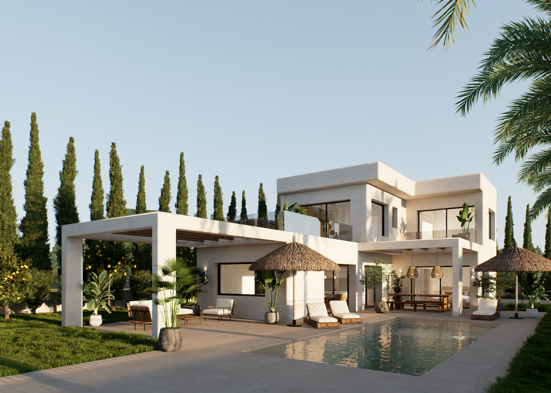 Vista exterior de la villa moderna con piscina rectangular, sombrillas de paja, terrazas cubiertas y jardín mediterráneo con cipreses y limoneros.