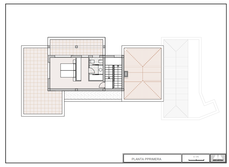 Plano arquitectónico de la primera planta que detalla el dormitorio principal con baño en suite, acceso por escalera y amplias zonas de terraza privada.
