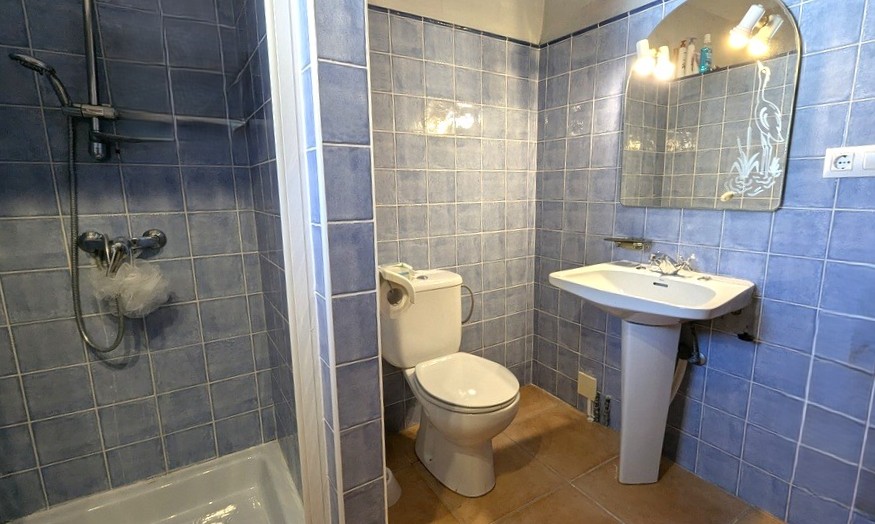 Cuarto de baño funcional con azulejos azules, ducha de obra, lavabo de pedestal y un espejo de arco con grabado decorativo e iluminación integrada.