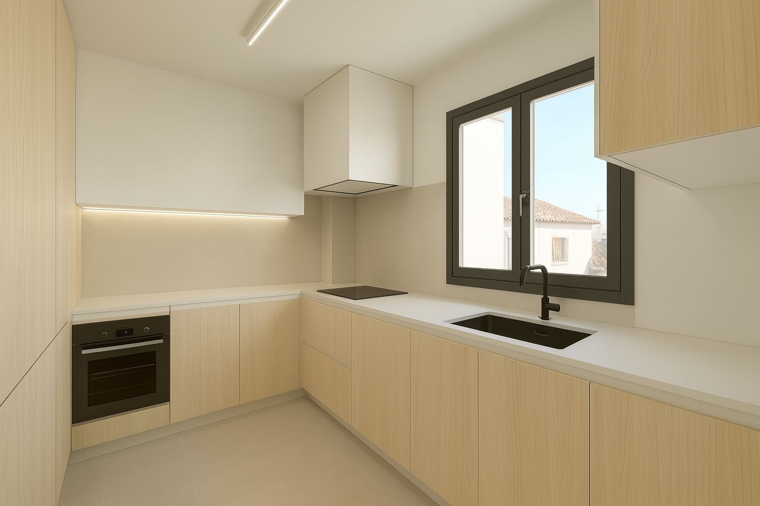 Cocina moderna de diseño minimalista con mobiliario en madera clara, encimera blanca y grifería negra. Incluye iluminación LED integrada y ventana con vistas al casco antiguo.