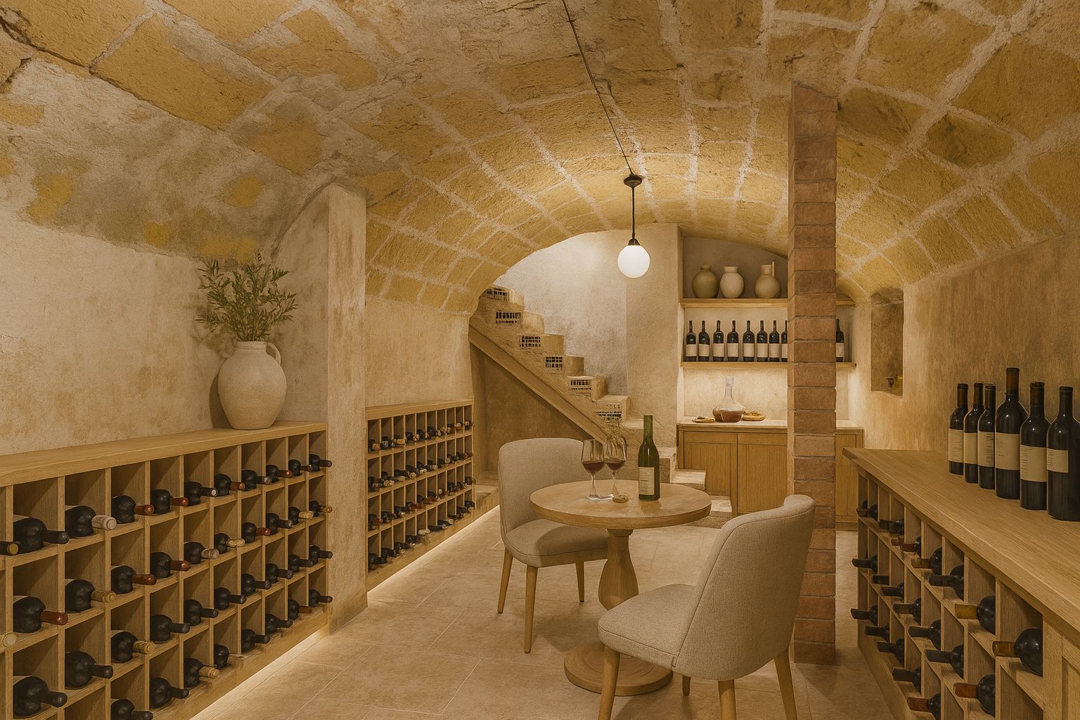 Bodega en sótano con techos abovedados de piedra tosca original, estanterías de madera integradas con iluminación LED y una zona de degustación central.