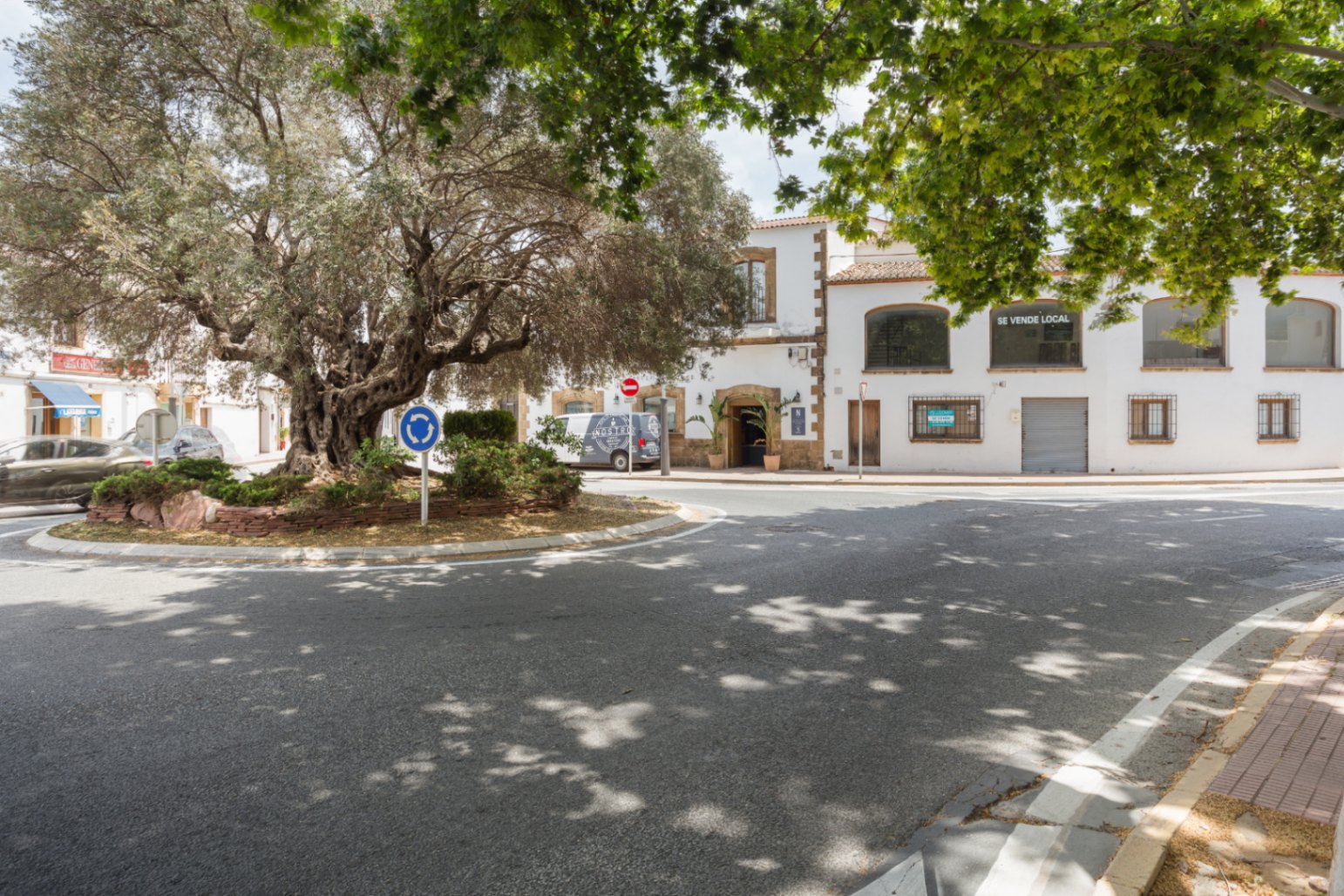 Fachada exterior en esquina frente a una glorieta arbolada, destacando los marcos de piedra tosca y amplios ventanales en la planta superior.