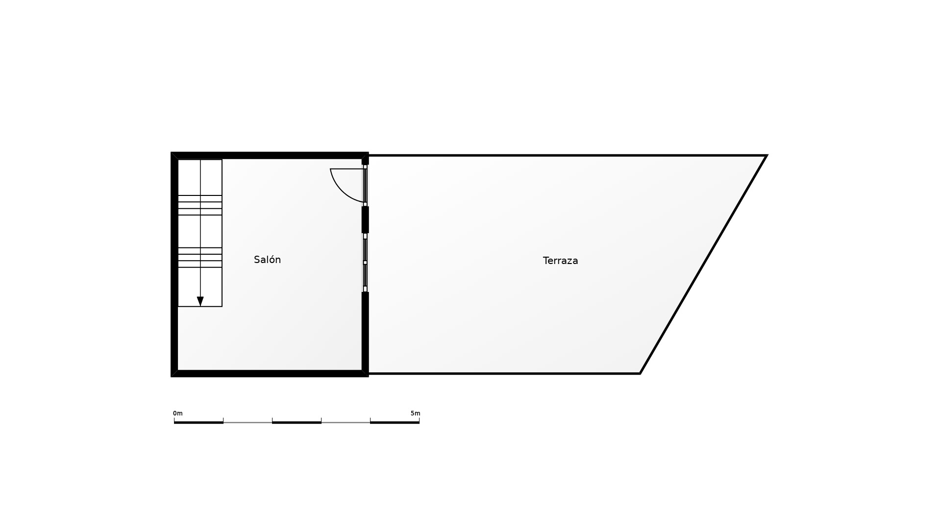 Plano detallado de la planta superior que muestra la distribución del salón interior con acceso directo a una amplia terraza descubierta.