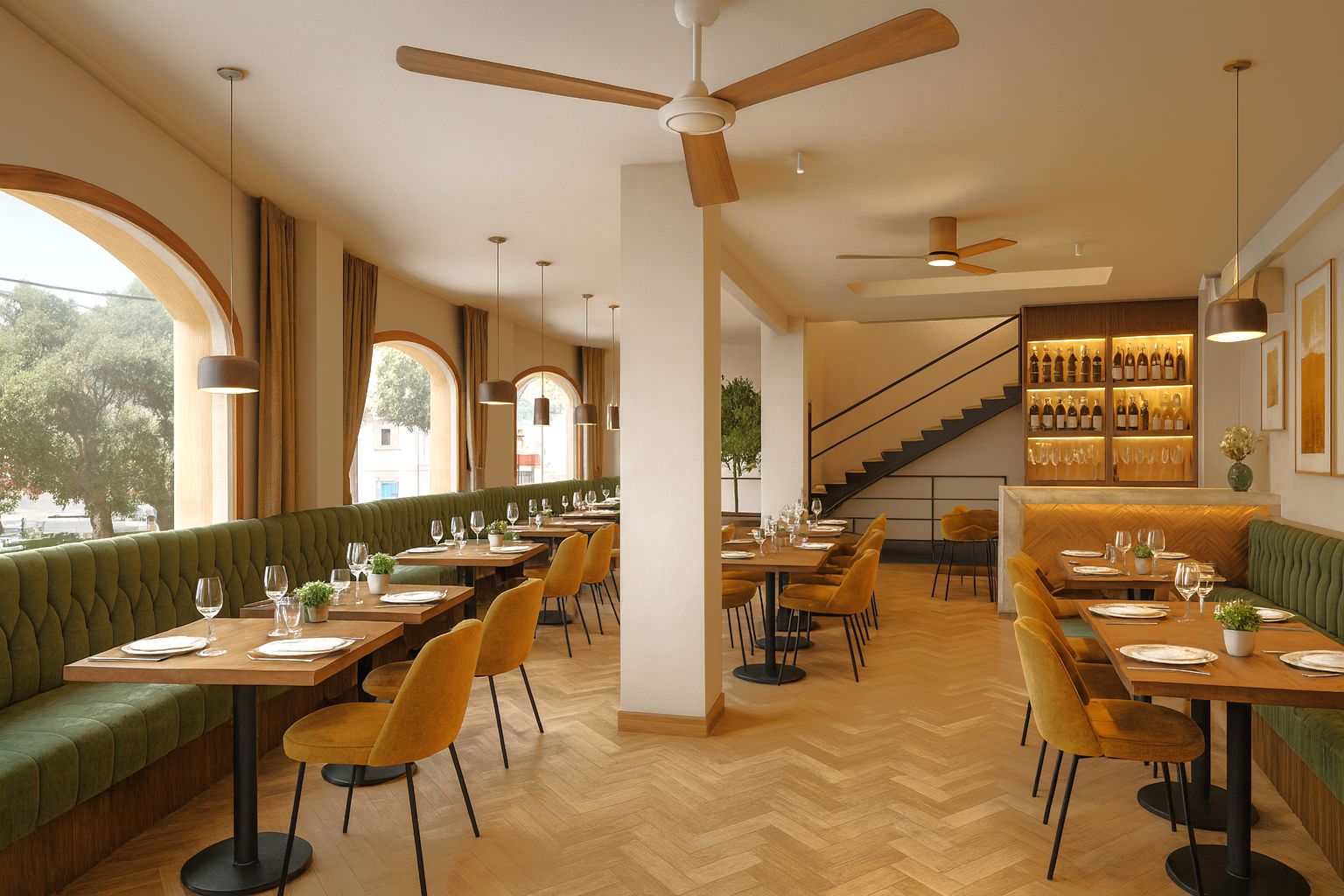 Salón principal con ventanales de arco, suelos de madera en espiga, bancos corridos en verde y escalera de diseño hacia la planta superior.