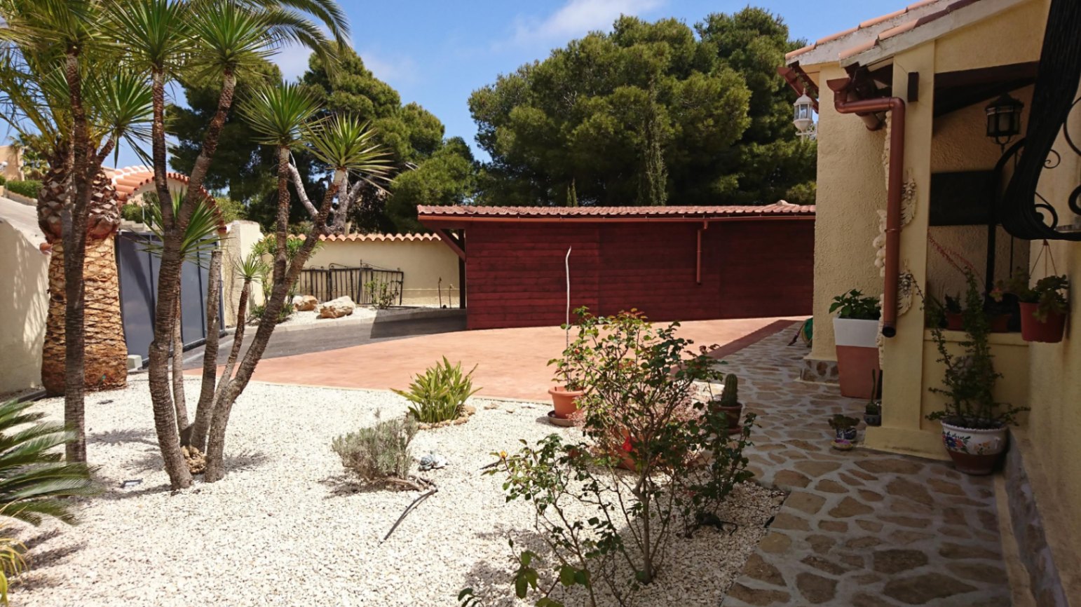 Entrada exterior con zona de aparcamiento pavimentada, jardín de grava blanca con palmeras y una estructura de madera rodeada de pinos maduros.