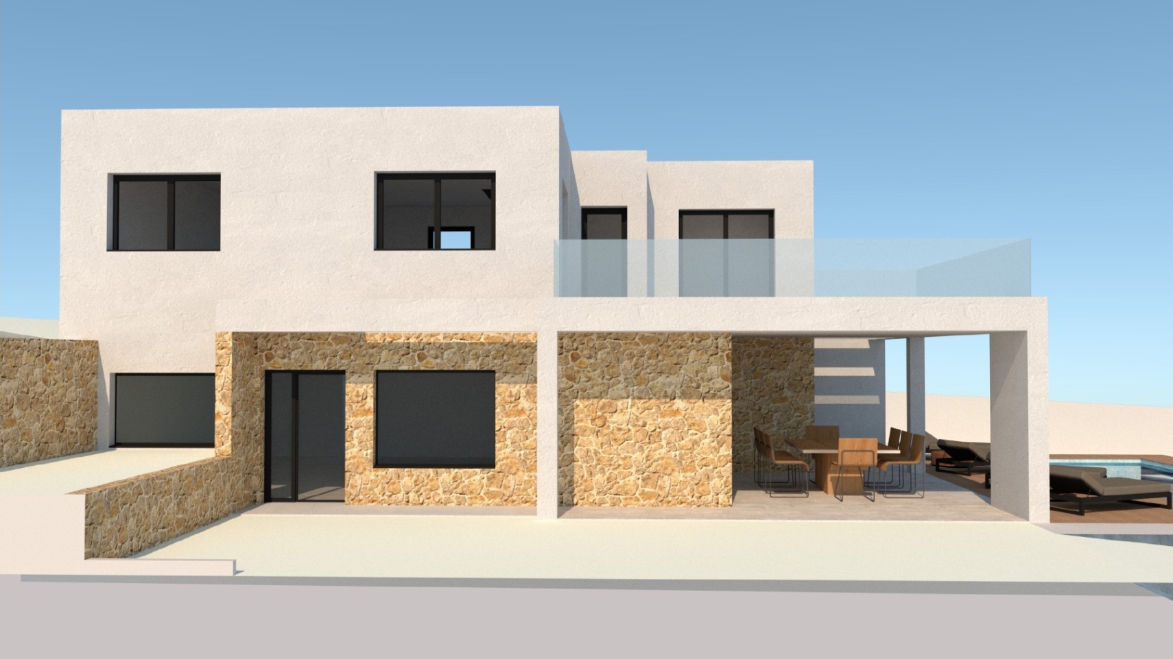 Fachada contemporánea que combina muros de piedra natural con acabados en blanco, destacando un porche cubierto con zona de comedor y barandillas de cristal.
