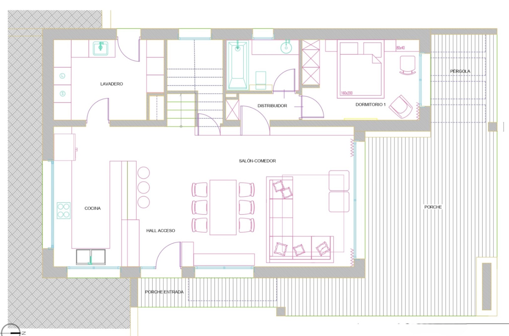 Plano arquitectónico detallado que muestra una planta baja con salón-comedor diáfano, cocina integrada, lavadero, un dormitorio y una amplia zona exterior con porche y pérgola.