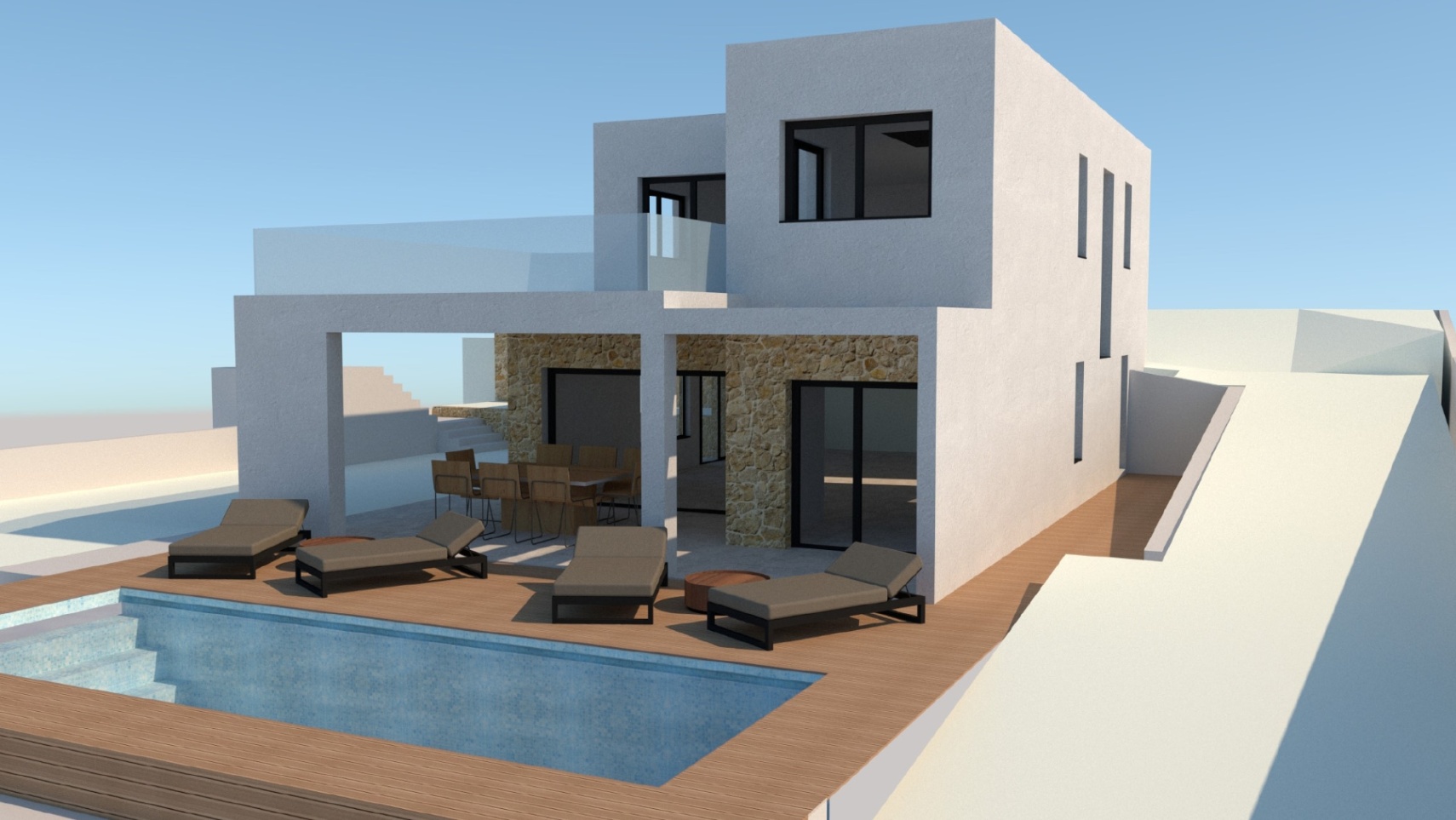 Render exterior de una villa moderna con piscina rectangular, terraza de madera, zona de comedor cubierta y fachada blanca con detalles en piedra natural.