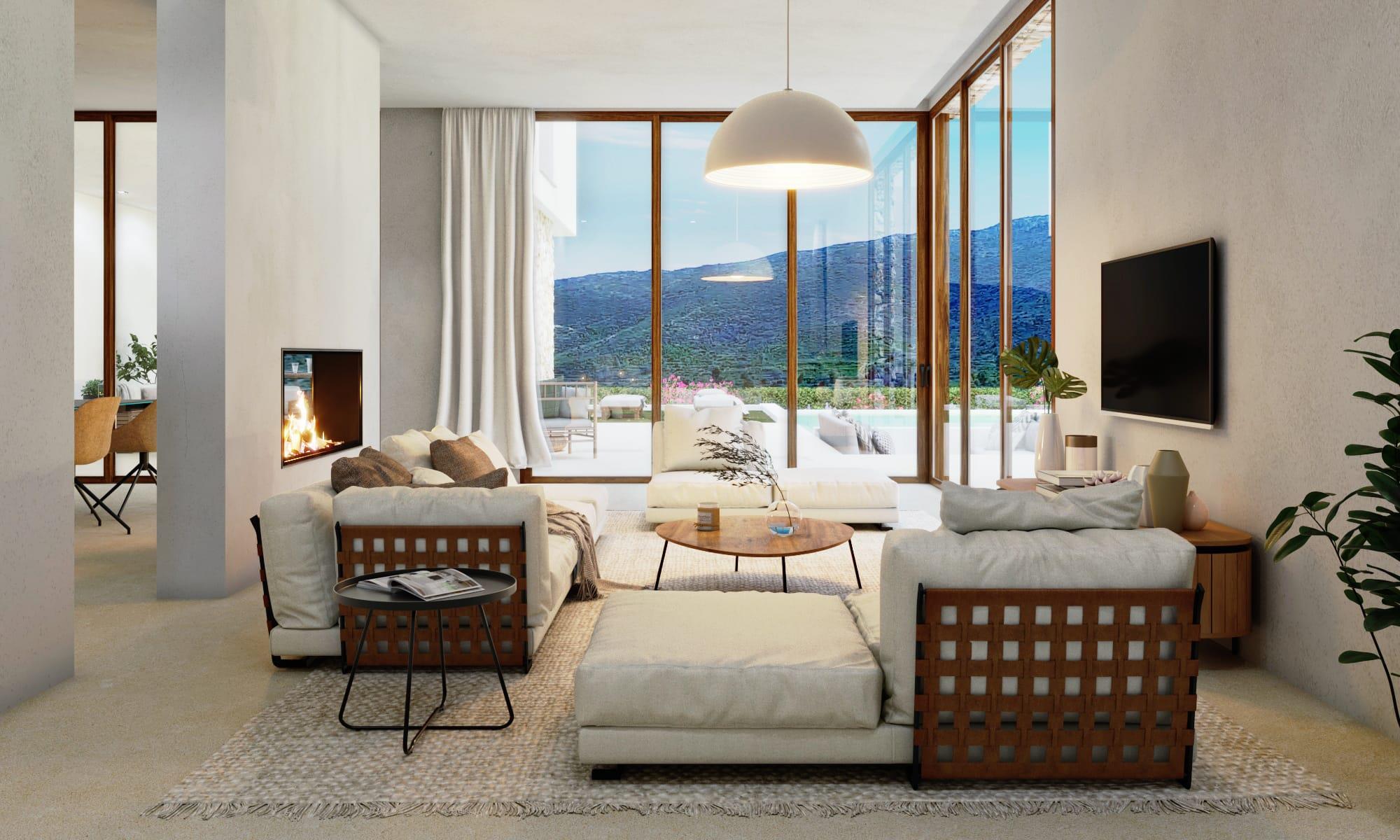 Salón de estilo ibicenco con chimenea integrada, sofás de diseño y amplios ventanales de madera que ofrecen vistas despejadas al valle y la zona de piscina.