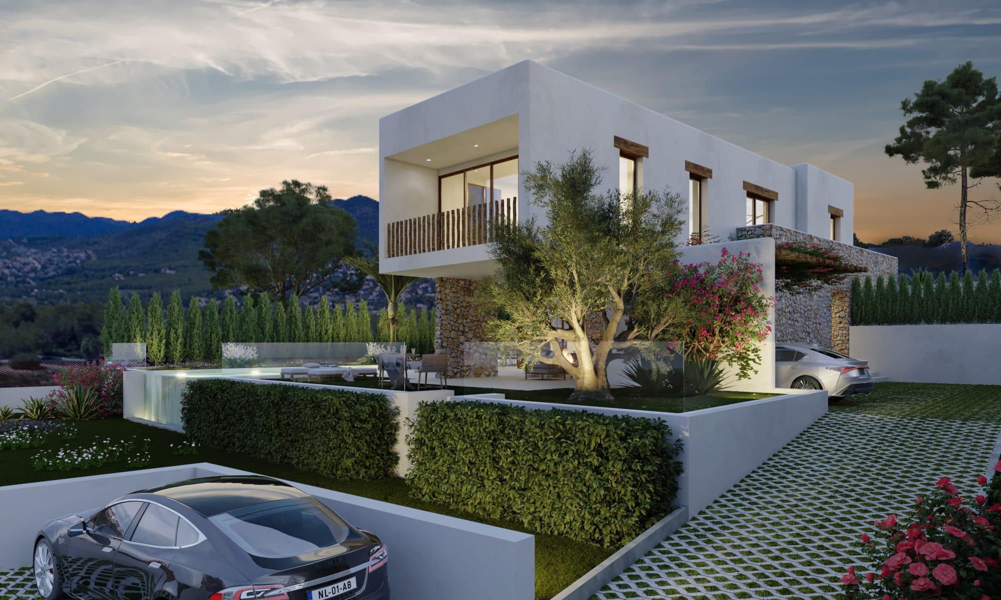 Vista exterior de la villa con fachada de estilo ibicenco, muros de piedra natural, piscina infinity con pared de cristal y jardín mediterráneo iluminado.