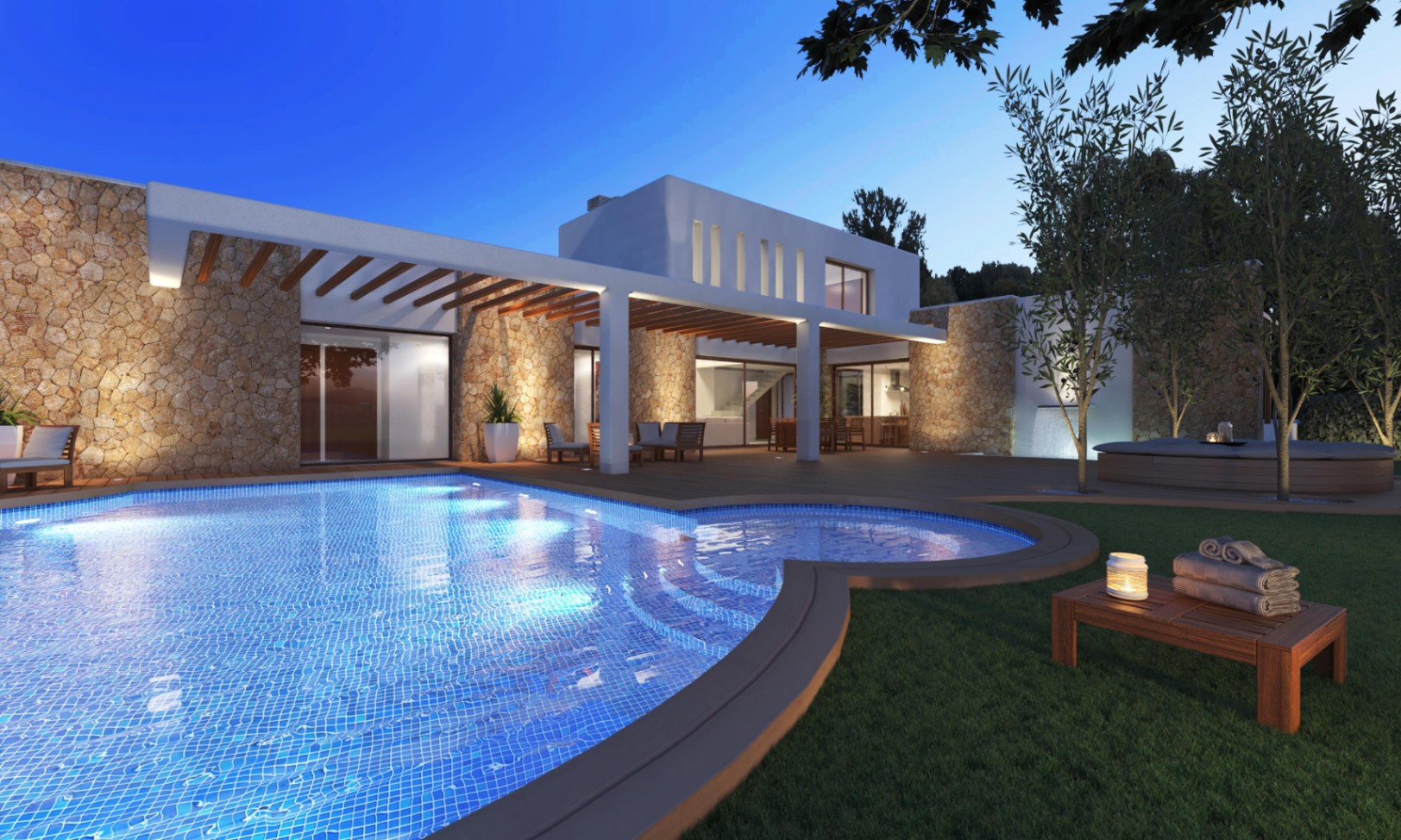 Exterior nocturno con piscina iluminada, muros de piedra natural y terraza cubierta con vigas de madera. Arquitectura moderna de estilo ibicenco con iluminación integrada.