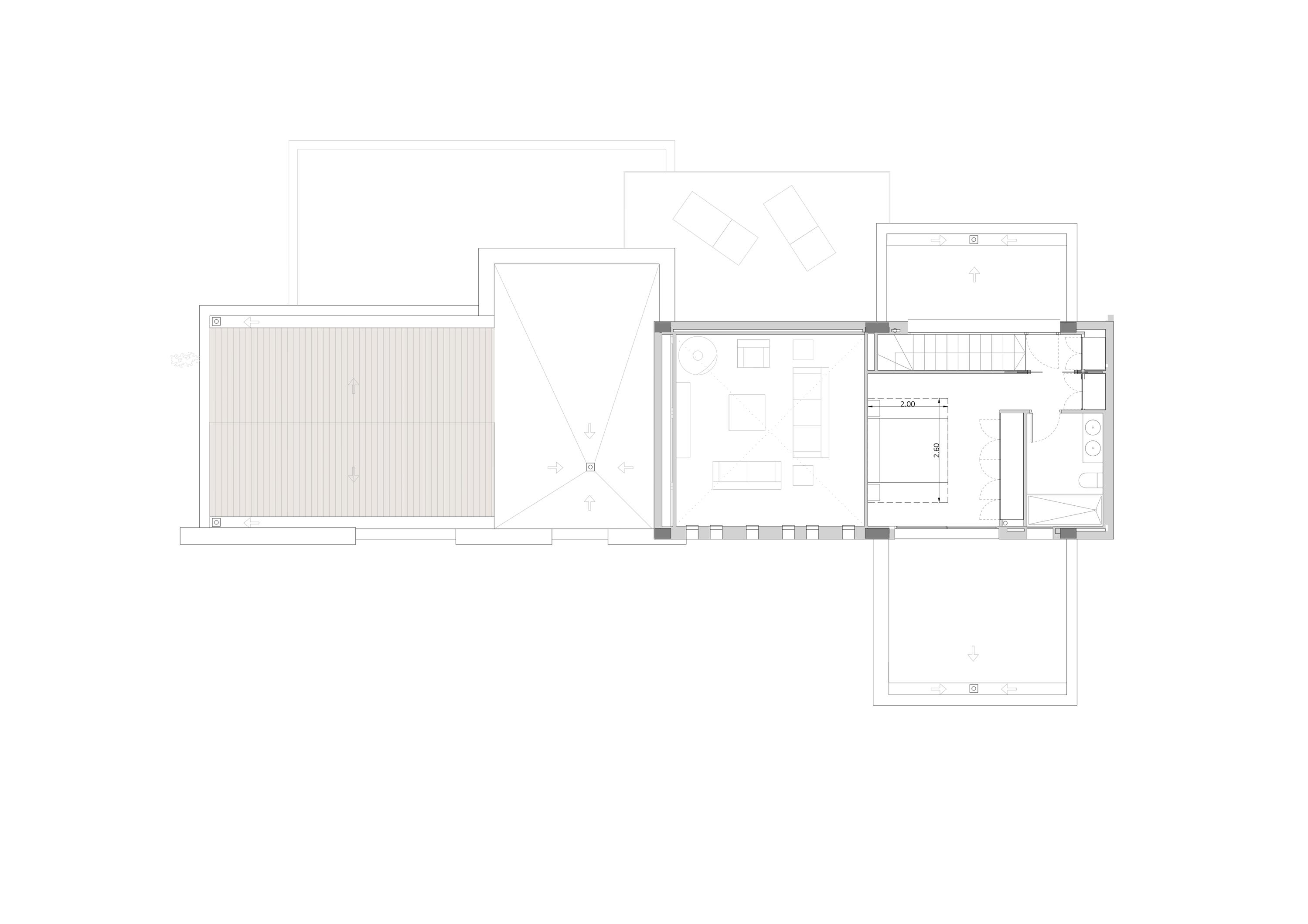 Plano técnico de la planta superior que muestra la distribución del dormitorio principal con vestidor, baño en suite y acceso a amplias terrazas exteriores.