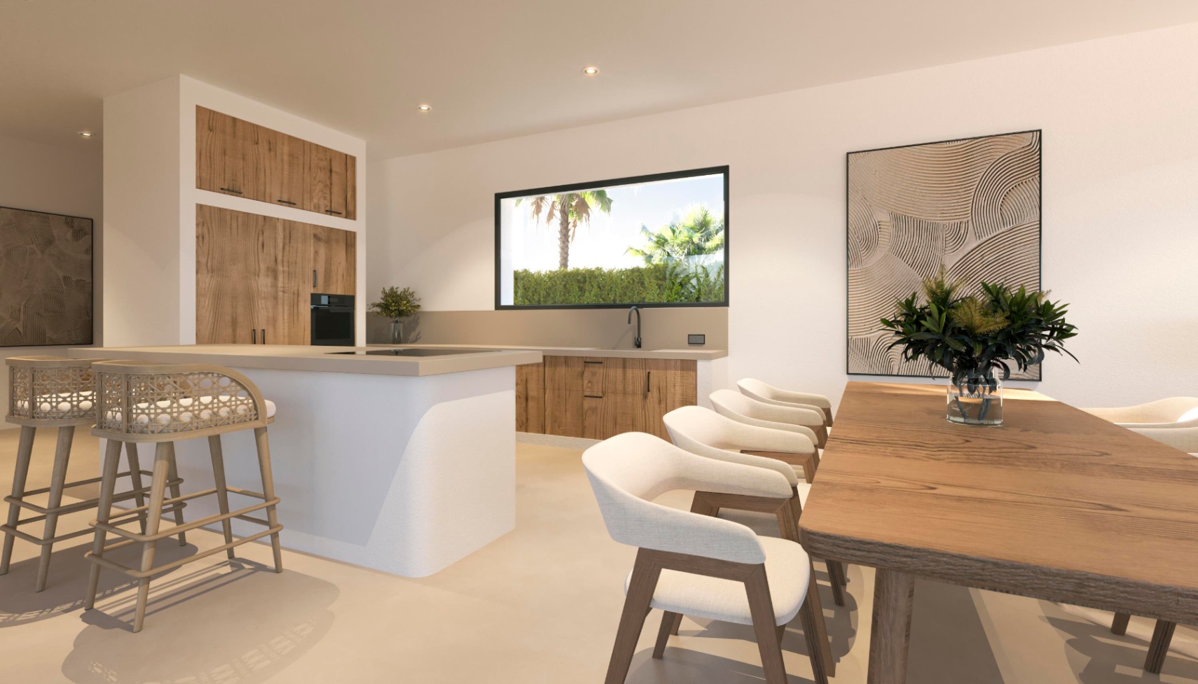 Cocina de concepto abierto con isla curva, armarios de madera natural y zona de comedor integrada bajo una iluminación empotrada minimalista.