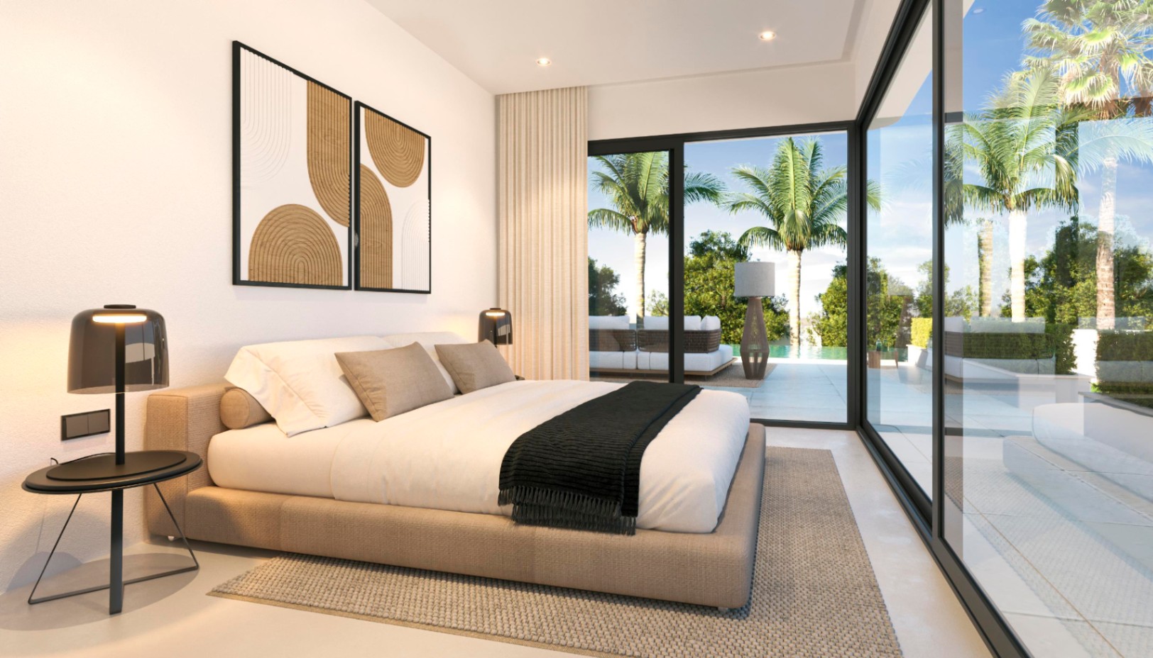 Dormitorio principal con ventanales de suelo a techo, acceso directo a la terraza y vistas al jardín. Diseño contemporáneo en tonos neutros y luz empotrada.