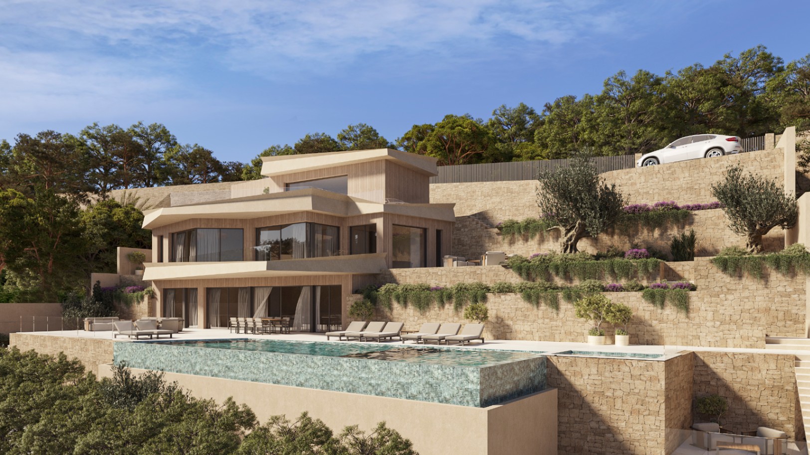 Exterior de villa moderna con piscina infinita, muros de piedra natural y terrazas escalonadas integradas en la montaña con vegetación mediterránea.