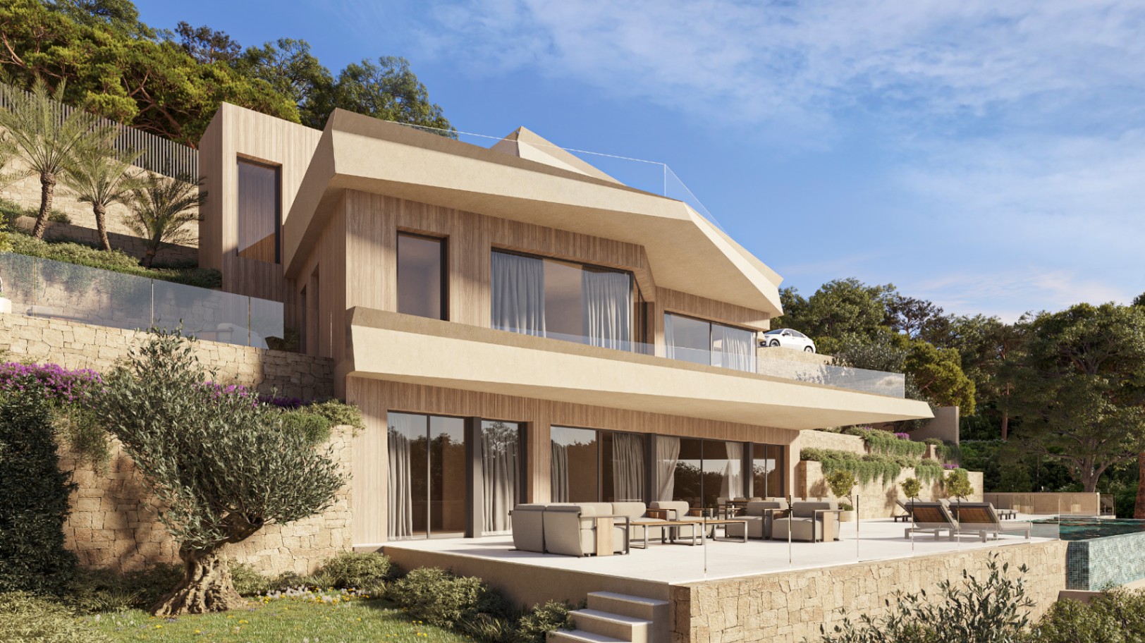 Fachada moderna de varios niveles con revestimiento de madera, muros de piedra natural, amplia terraza con mobiliario de exterior y piscina infinita integrada en el paisaje.