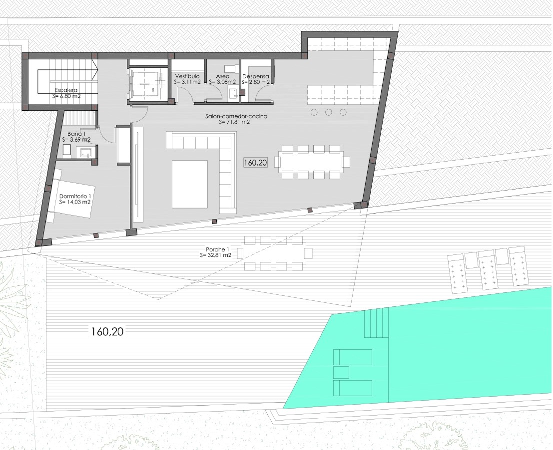 Plano detallado de la planta principal que muestra un amplio salón-comedor-cocina de 71,8 m², dormitorio con baño en suite y zona exterior con porche y piscina.
