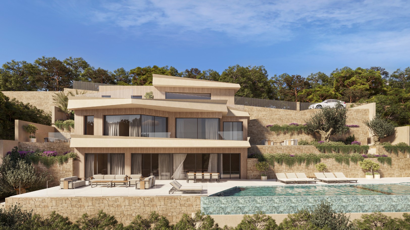 Vista exterior de la villa con fachada de madera y piedra, destacando la piscina infinita y las amplias terrazas amuebladas sobre muros de piedra natural.