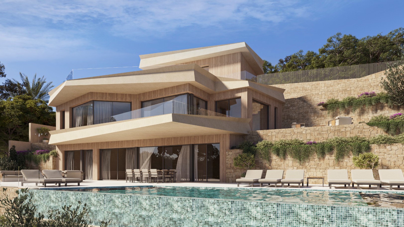 Vista exterior de la villa moderna con piscina infinita, fachada revestida en madera y amplios ventanales. Destacan los muros de piedra natural y las terrazas con barandillas de cristal.