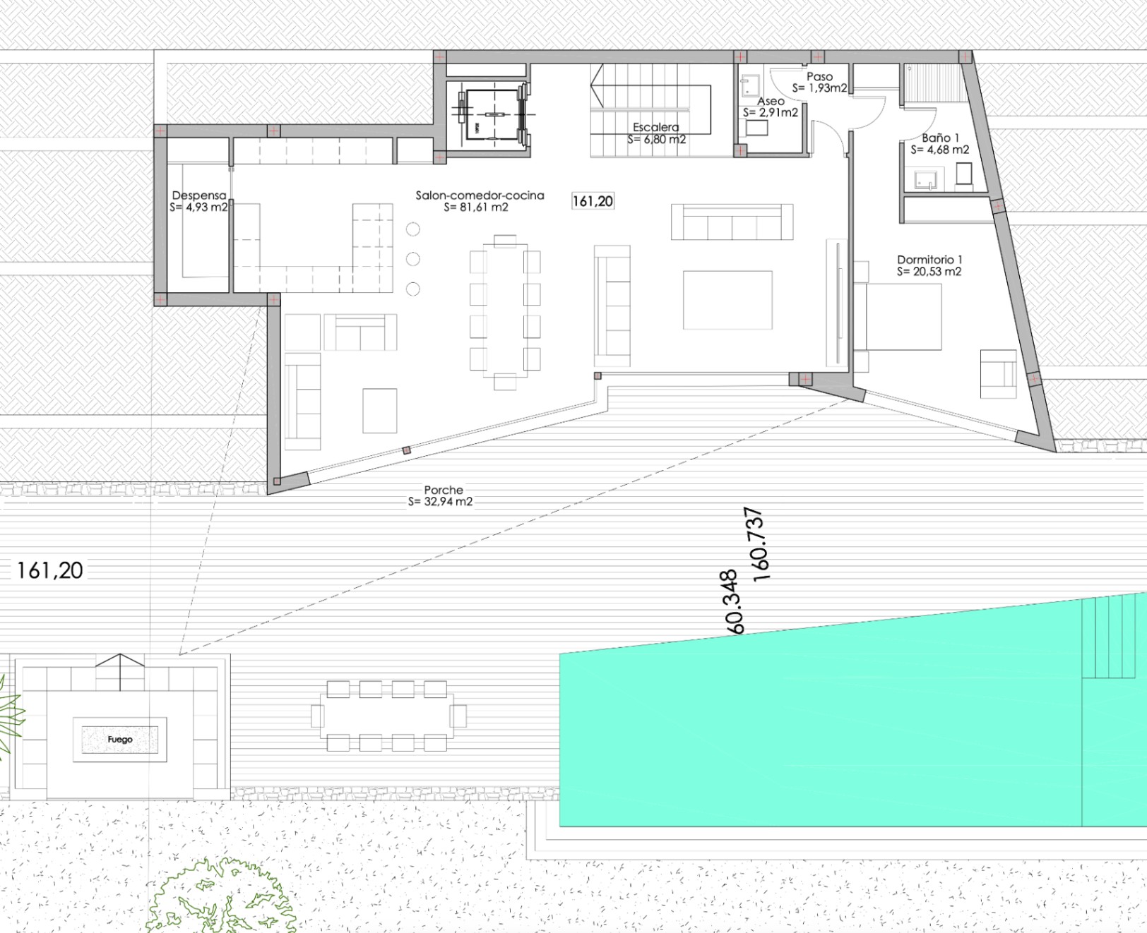 Plano arquitectónico de una villa que muestra la distribución interior y exterior, incluyendo piscina y jardín.