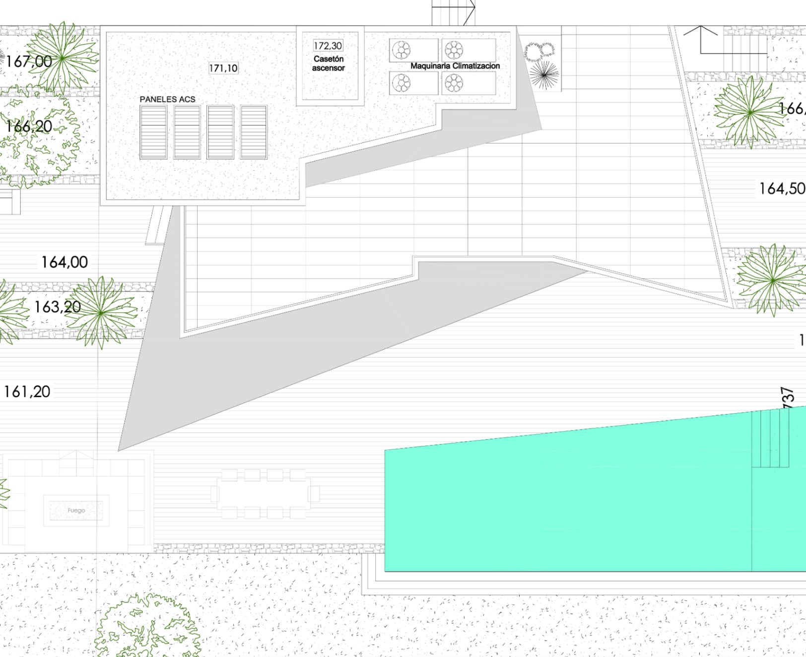 Plano cenital de la villa mostrando la piscina, jardines y paneles solares.