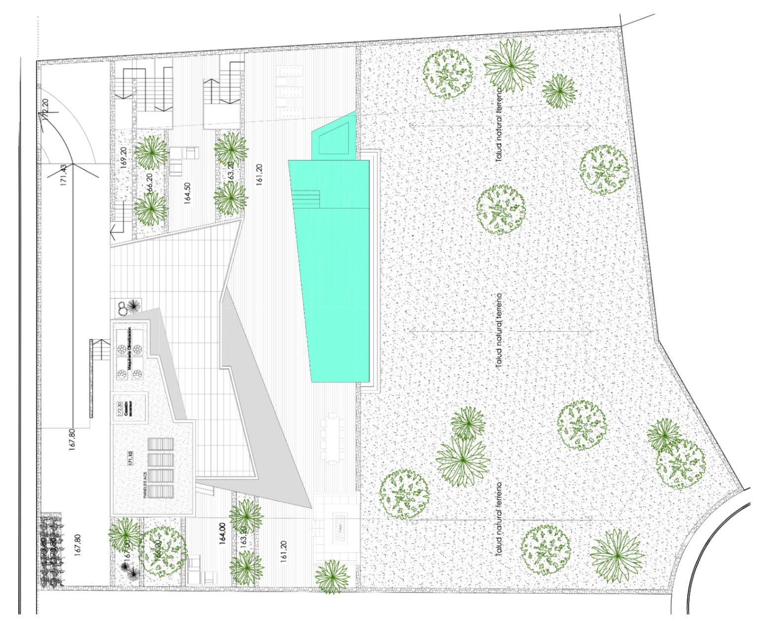 Plano cenital de villa con piscina, terraza, jardín mediterráneo y zona de barbacoa.
