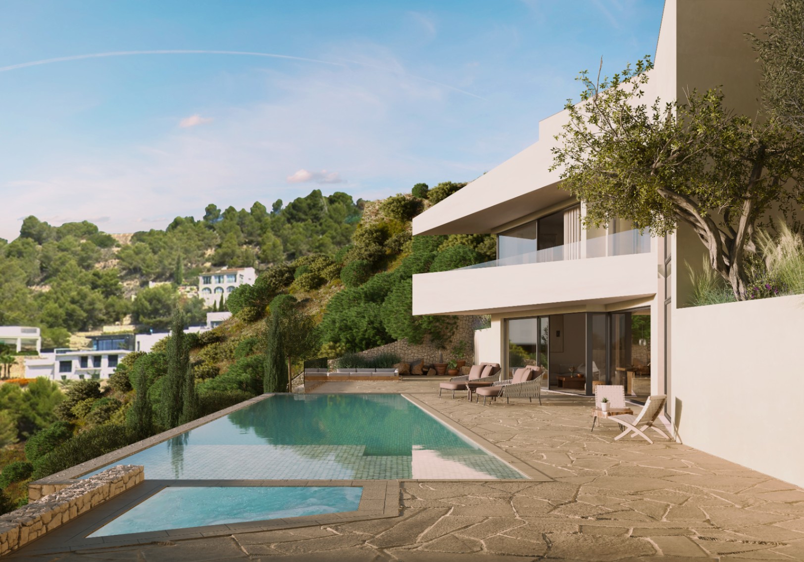 Vista exterior de la villa con piscina de borde infinito y terraza de piedra natural con mobiliario.