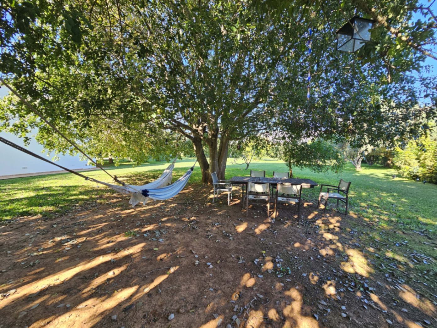 Zona de descanso bajo la sombra de un gran árbol, equipada con mesa de comedor exterior y una hamaca, rodeada por un extenso jardín de césped cuidado.