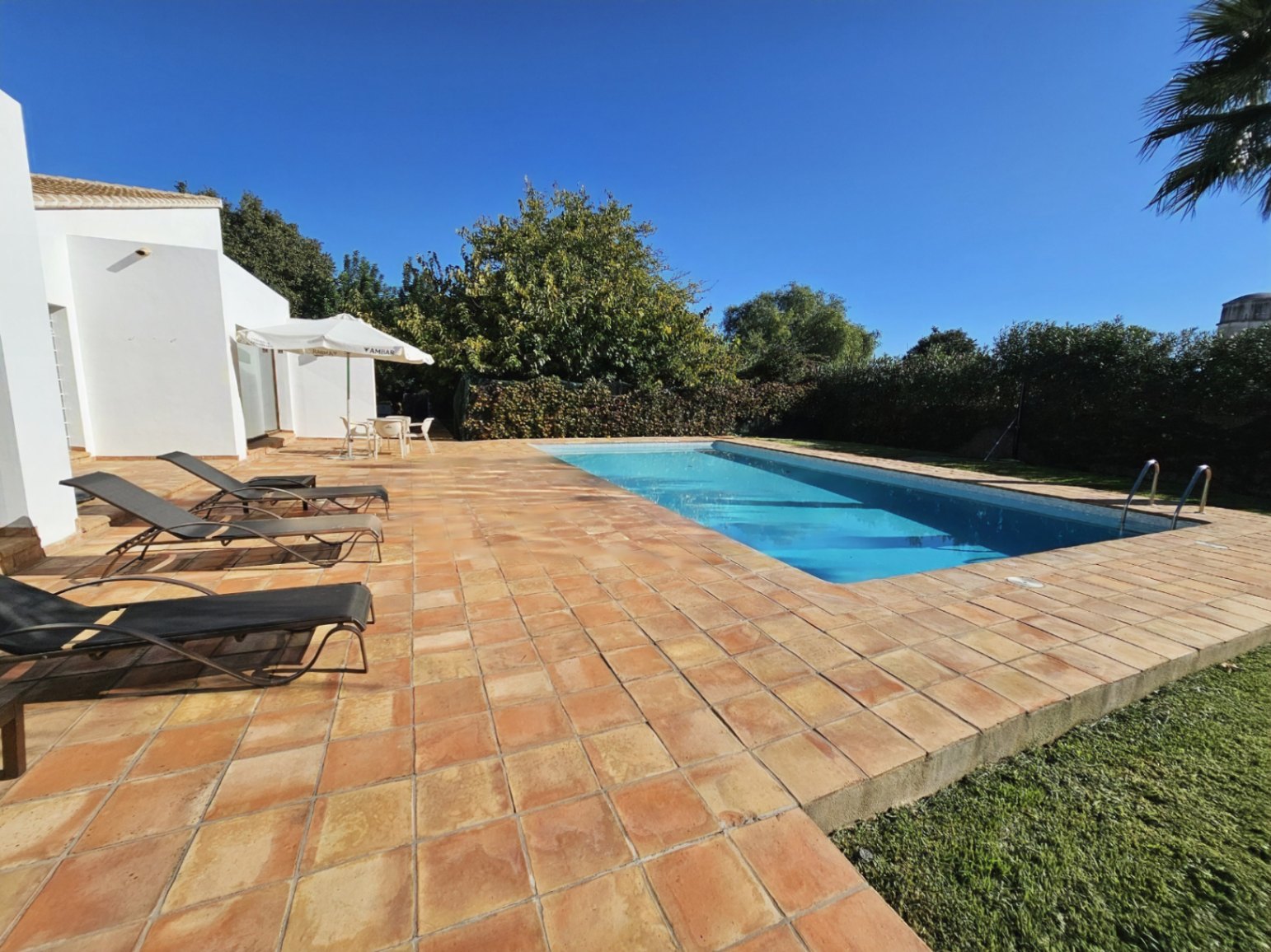 Zona de piscina rectangular rodeada de una amplia terraza con suelos de barro hechos a mano, tumbonas modernas y un entorno de vegetación madura que garantiza privacidad.