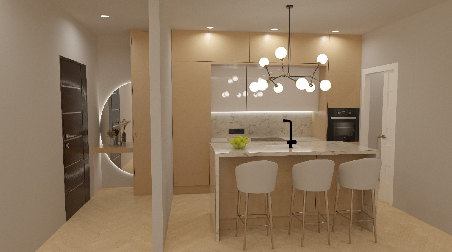 Cocina de concepto abierto con isla de mármol, taburetes blancos y grifería negra. Incluye armarios de madera clara, iluminación de diseño y un recibidor con espejo circular retroiluminado.