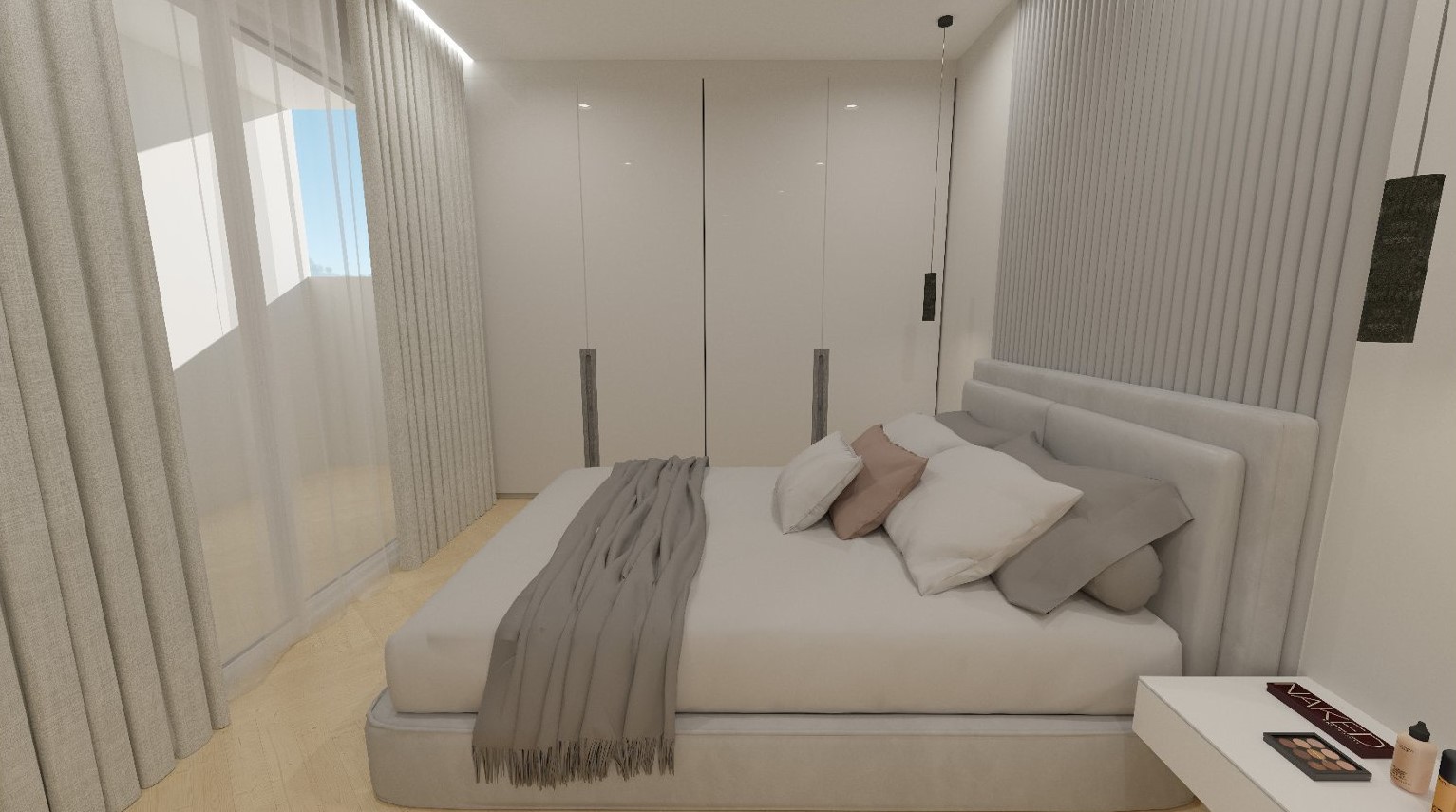 Dormitorio moderno con armarios empotrados de suelo a techo, pared decorativa de listones y acceso directo a la terraza a través de grandes ventanales.