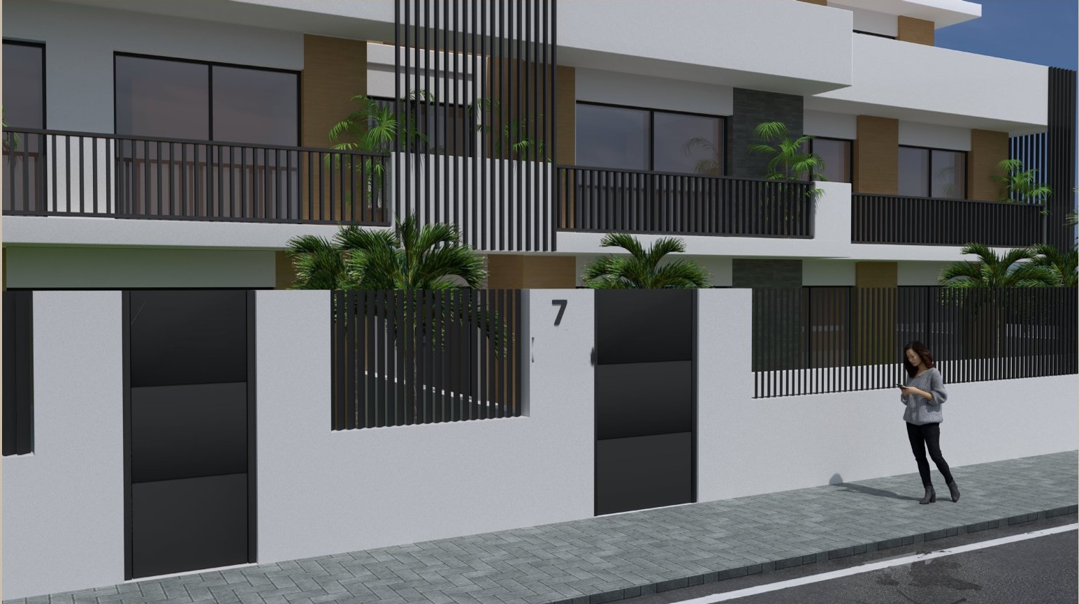 Fachada exterior moderna con muros blancos, detalles en madera y cerramientos de lamas metálicas negras. Incluye accesos privados y terrazas con vegetación integrada.