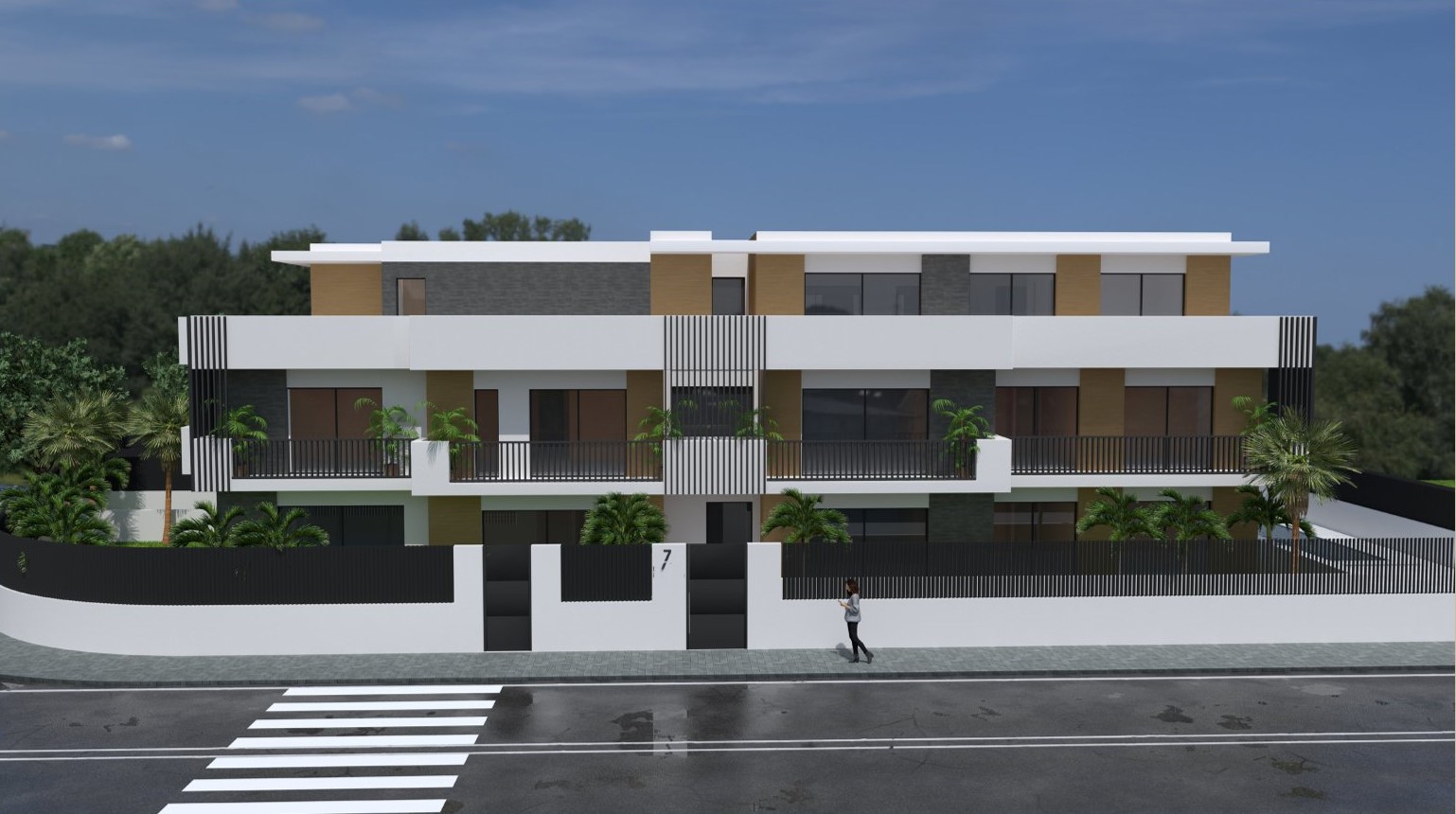 Fachada principal de un edificio residencial moderno con acabados en blanco, piedra gris y madera, destacando sus amplias terrazas y cerramientos de lamas verticales.