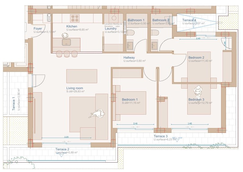Plano detallado de la vivienda de tres dormitorios, salón-comedor con cocina abierta, dos baños y cuatro terrazas perimetrales que maximizan el espacio exterior.