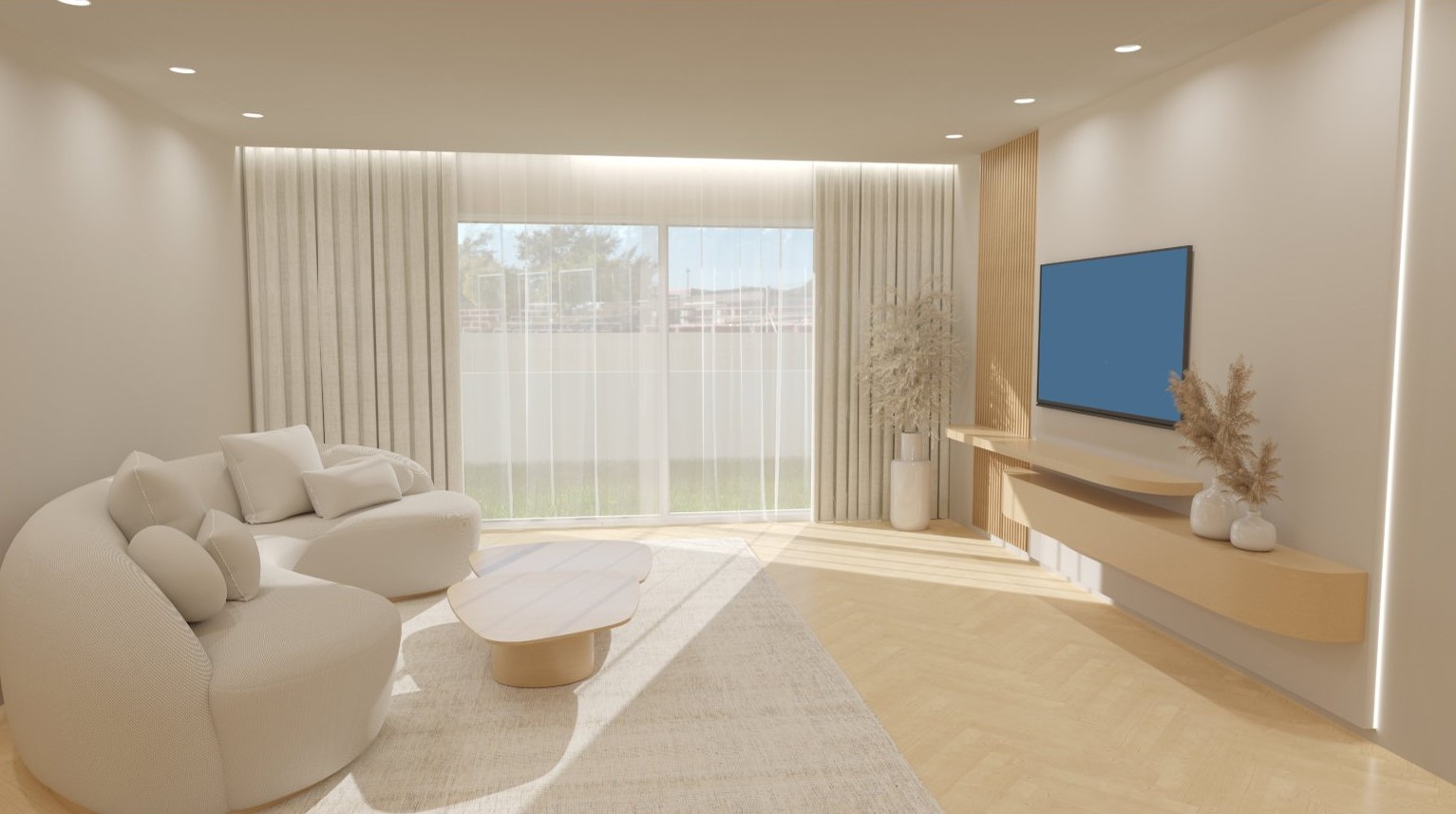 Salón moderno con suelo de madera en espiga, sofá curvo de diseño y panel de listones de madera. Los grandes ventanales de suelo a techo integran la luz natural en todo el espacio.