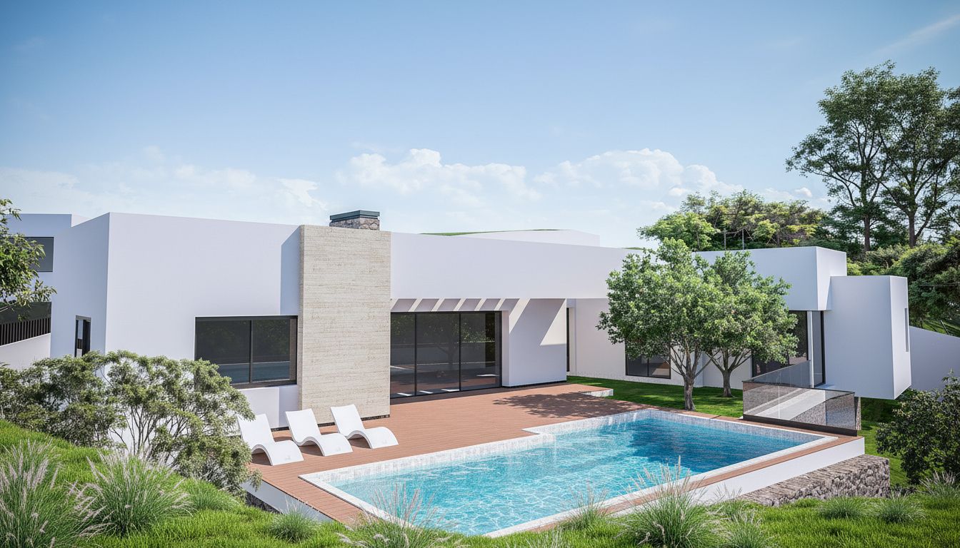 Exterior de villa moderna con piscina rectangular, terraza de madera y fachada blanca con detalles en piedra natural.