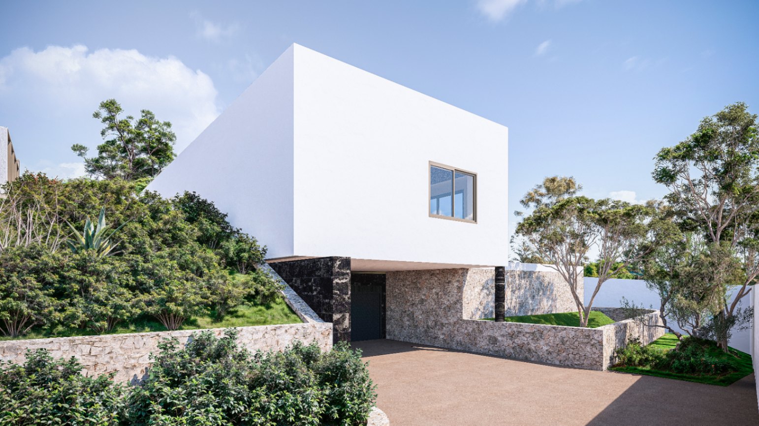 Fachada moderna con volumen superior blanco en voladizo sobre muros de piedra natural, acceso pavimentado y jardín mediterráneo integrado.