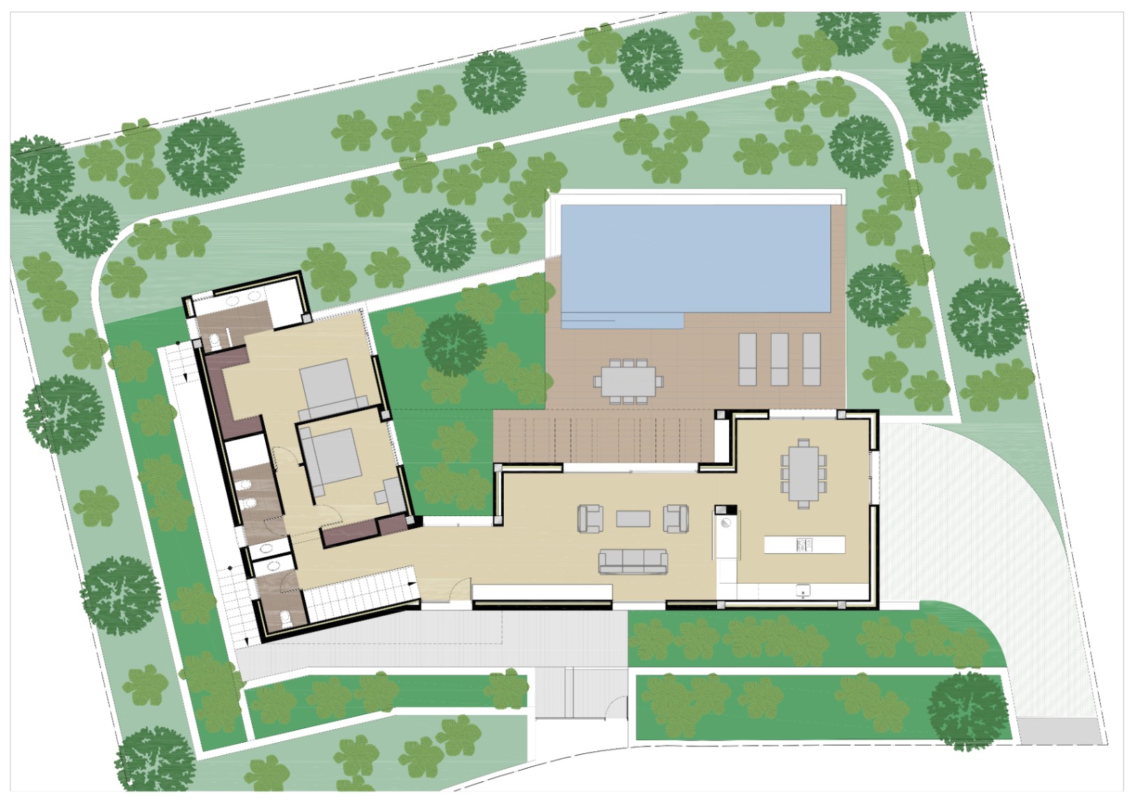 Plano detallado de la planta principal que muestra la distribución abierta, dos dormitorios y la amplia terraza exterior con piscina y jardín mediterráneo.