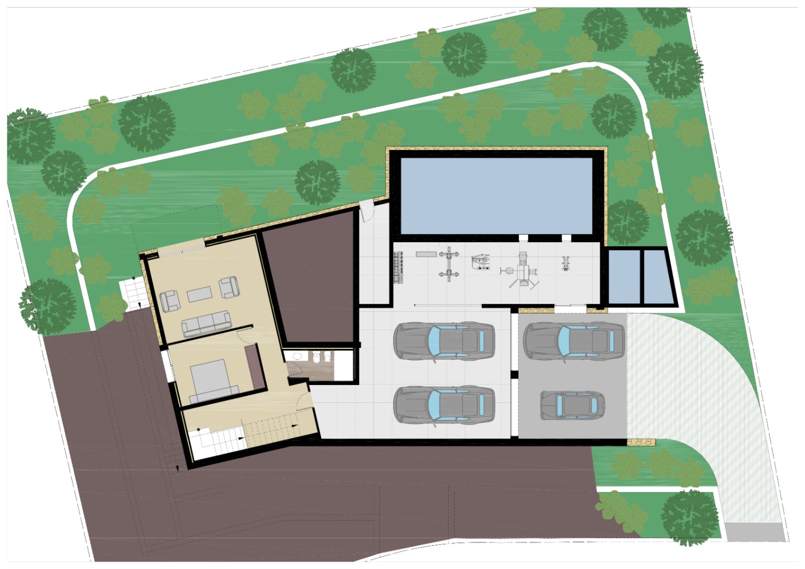 Plano detallado de la planta sótano que incluye un amplio garaje para varios vehículos, zona de gimnasio, bodega y una suite de invitados completa.