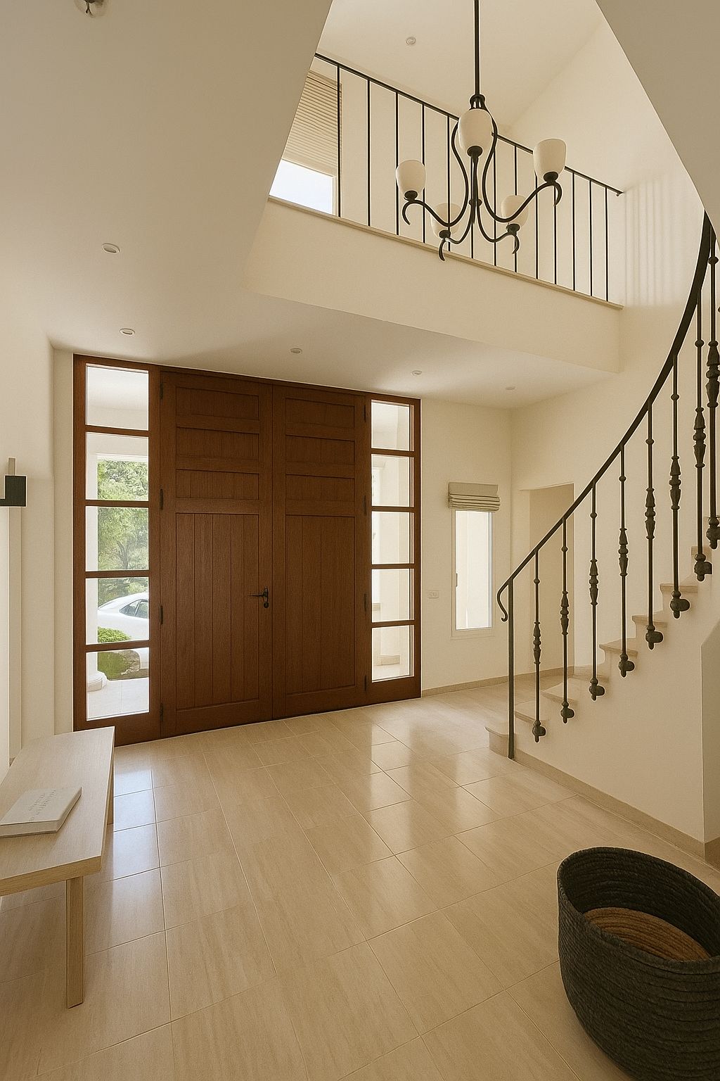 Hall de entrada con puerta doble de madera, ventanales laterales y escalera curva con barandilla de hierro forjado. El techo de doble altura incluye una lámpara de araña clásica.