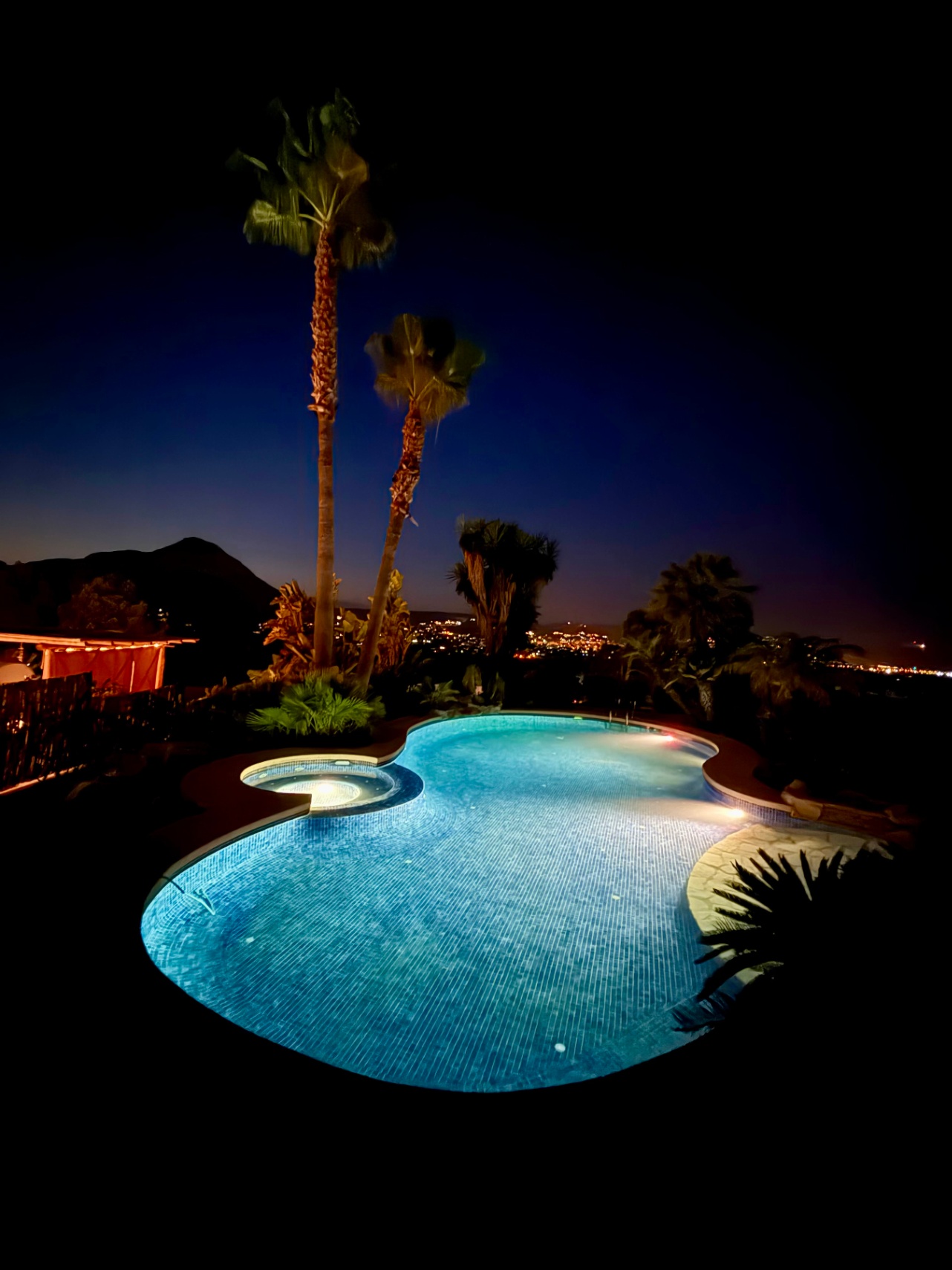 Piscina iluminada de forma orgánica con jacuzzi integrado, rodeada de palmeras y vegetación tropical bajo el cielo nocturno con vistas al Montgó.