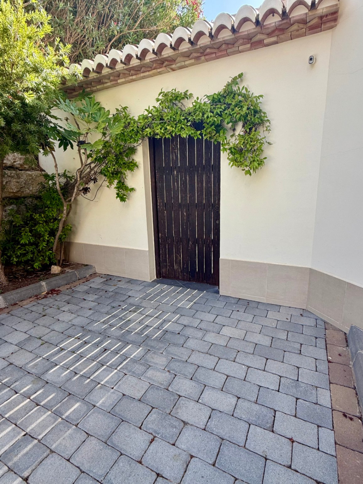 Puerta exterior de madera oscura con listones verticales, enmarcada por vegetación trepadora y un suelo de adoquines grises bajo un tejado de teja tradicional.